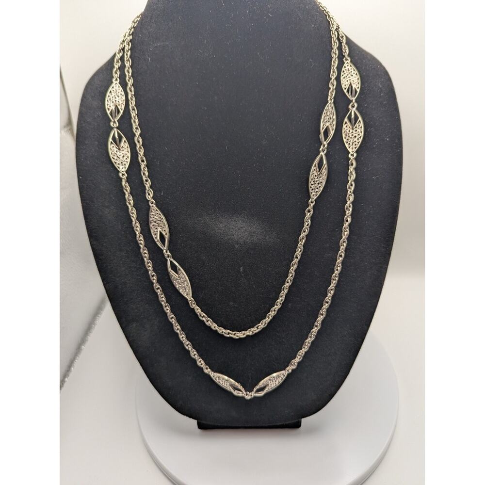 Chunky Silver Tone Chain Necklace Double Strand Filigree Oval Links 54"